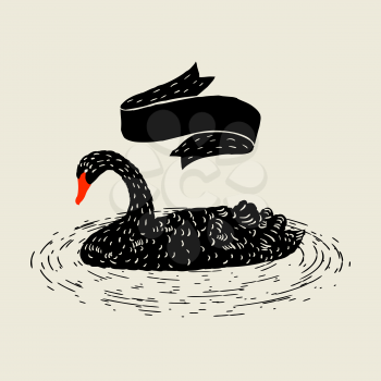 Background with floating black swan. Hand drawn bird.