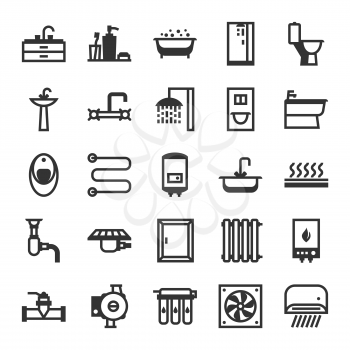 Plumbing icon set. Items for sanitary engineering shop. Sale, service and installation.