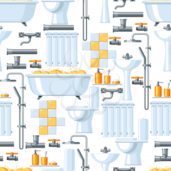 Bathroom interior. Plumbing seamless pattern. Background for sanitary engineering shop. Sale, service and installation.