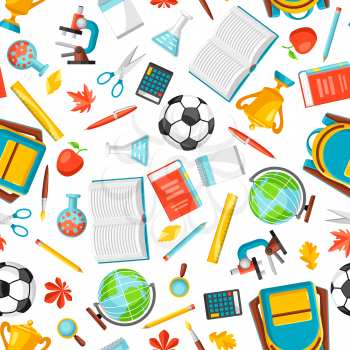 School seamless pattern with education items. Colorful supplies and stationery background.