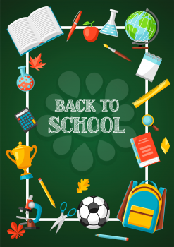 Back to school background with education items. Illustration of colorful supplies and stationery.