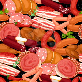 Seamless pattern with meat products. Illustration of sausages, bacon and ham.