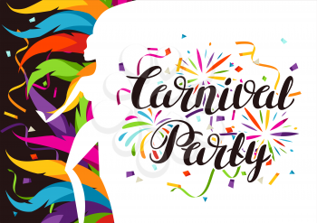 Carnival party background with samba dancer and colorful decorative feathers.