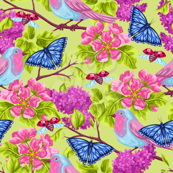 Spring garden seamless pattern. Natural illustration with blossom flower, robin birdie and butterfly.