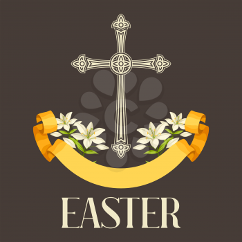 Silhouette of ornate cross with lilies. Happy Easter concept illustration or greeting card. Religious symbols of faith.