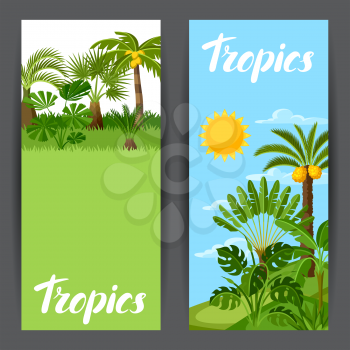 Banners with tropical palm trees. Exotic tropical plants Illustration of jungle nature.