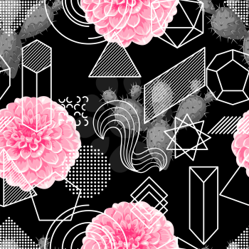 Seamless pattern with abstract geometric shapes, flower and cactus. Line art background.
