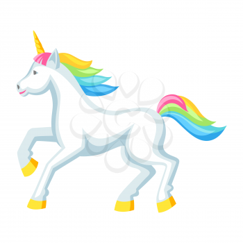 Fantasy pretty white unicorn with colorful mane. Cartoon illustration.