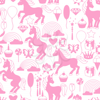 Seamless pattern with unicorns and fantasy items.