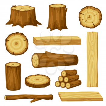 Set of wood logs for forestry and lumber industry. Illustration of trunks, stump and planks.