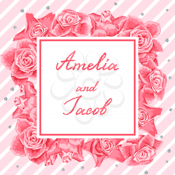 Wedding invitation or greeting card with pink roses.