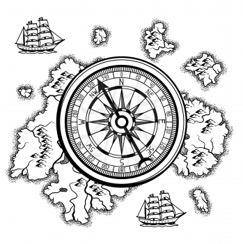 Background with old nautical map. Islands, ships and vintage retro compass.