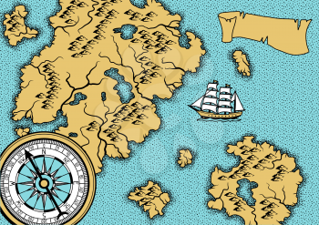 Banner with old nautical map. Islands, ships and vintage retro compass.