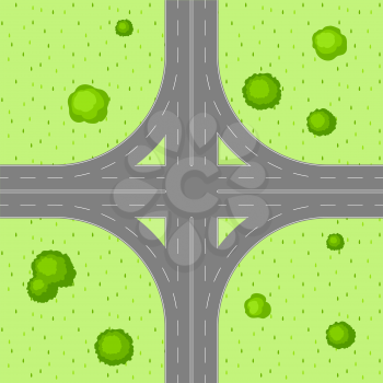 Top view of road junction. Scene with highway and trees in countryside.