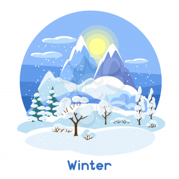 Winter landscape with trees, mountains and hills. Seasonal illustration.