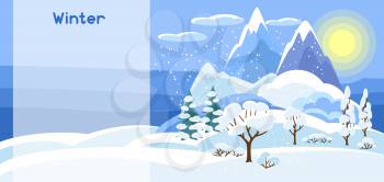 Winter banner with trees, mountains and hills. Seasonal illustration.