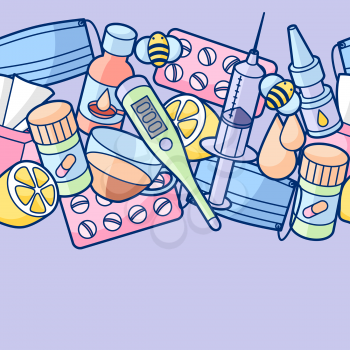 Seamless pattern with medicines and medical objects. Treatment of cold and flu.