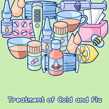 Background with medicines and medical objects. Treatment of cold and flu.