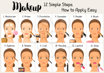 Makeup 12 simple steps how to apply easy. Information banner for catalog or advertising.