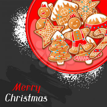 Merry Christmas greeting card with various gingerbreads.
