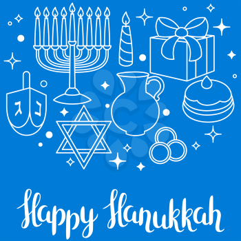 Happy Hanukkah celebration card with holiday objects.