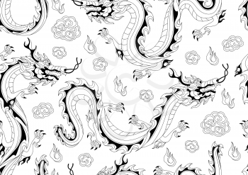Seamless pattern with Chinese dragons. Coloring page for printing and drawing. Traditional China symbol. Asian mythological black animals.