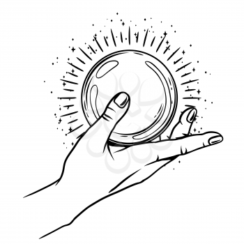 Open hand with magic ball. Spirituality, astrology and esoteric concept. Black and white hand drawn illustration.