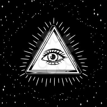 Infinite triangle with all seeing eye symbol. Spirituality, astrology and esoteric concept. Black and white hand drawn illustration.