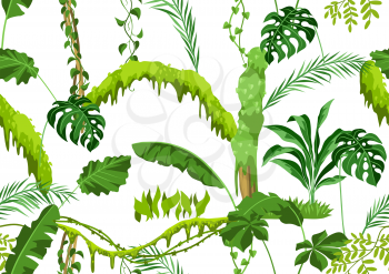 Seamless pattern with jungle plants. Tropical leaves. Woody natural rainforest.