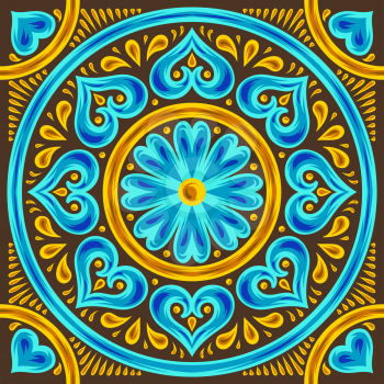 Moroccan ceramic tile pattern. Ethnic floral motifs. Mediterranean traditional folk ornament. Portuguese azulejo, mexican talavera or spanish majolica.