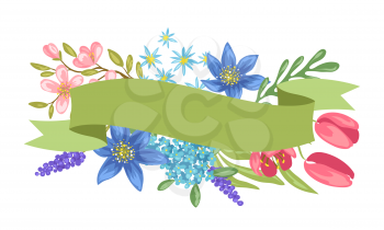 Banner with spring flowers. Beautiful decorative natural plants, buds and leaves.
