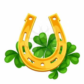 Saint Patricks Day illustration. Horseshoe with clover. Irish festive national items.
