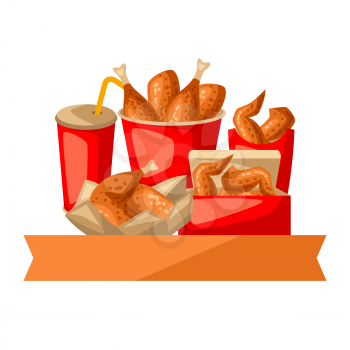 Fast food fried chicken meat. Background with legs, wings and basket.