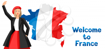 Welcome to France. Illustration of Frenchwoman on map background.