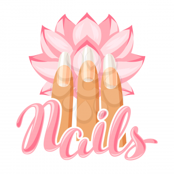 Spa care for hands and nails. Illustration of manicure and lotus.