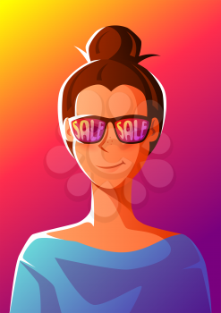 Cute girl in sunglasses with sale. Illustration of young woman character.