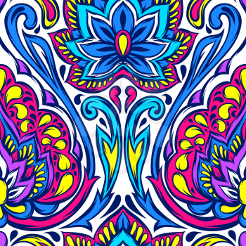 Indian ethnic seamless pattern. Ethnic folk ornament. Hand drawn lotus flower and paisley.
