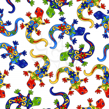 Mexican seamless pattern with lizards. Traditional decorative objects. Talavera ornamental ceramic. Ethnic folk ornament.