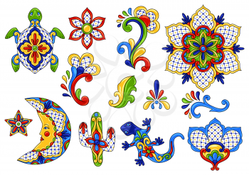 Mexican traditional decorative objects. Talavera ornamental ceramic. Ethnic folk ornament.
