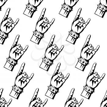 Rock and roll or heavy metal hand sign seamless pattern. Two fingers up emblems.