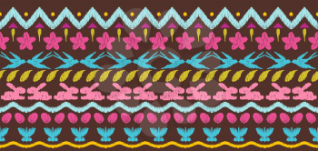 Happy Easter ikat seamless pattern. Ornament texture with holiday items. Mengikat textile.