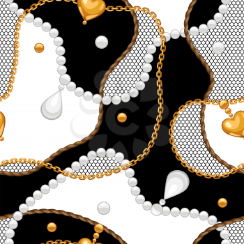 Seamless pattern with golden chains and lace. Vintage luxury precious background.