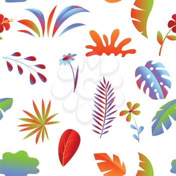 Seamless pattern with tropical leaves and flowers. Decorative exotic foliage and plants.