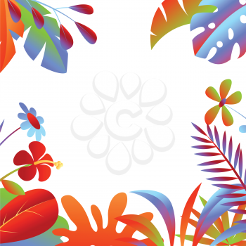 Background with tropical leaves and flowers. Decorative exotic foliage and plants.