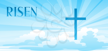Risen. Easter illustration. Greeting card with cross and clouds. Religious symbol of faith.