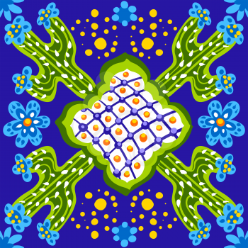 Mexican talavera ceramic tile pattern. Cute naive cactus and flowers. Ethnic folk ornament.