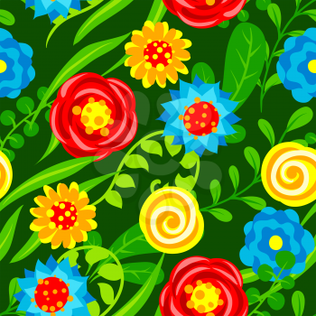 Seamless pattern with summer flowers. Beautiful decorative natural plants, buds and leaves.