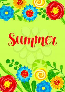 Background with summer flowers. Beautiful decorative natural plants, buds and leaves.