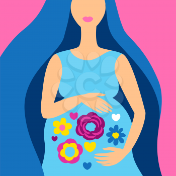 Happy pregnancy. Pretty pregnant woman. Baby shower invitation. Child waiting illustration.