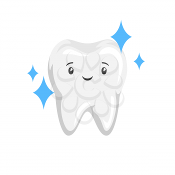 Illustration of smiling clean healthy tooth. Children dentistry happy character. Kawaii facial expression.